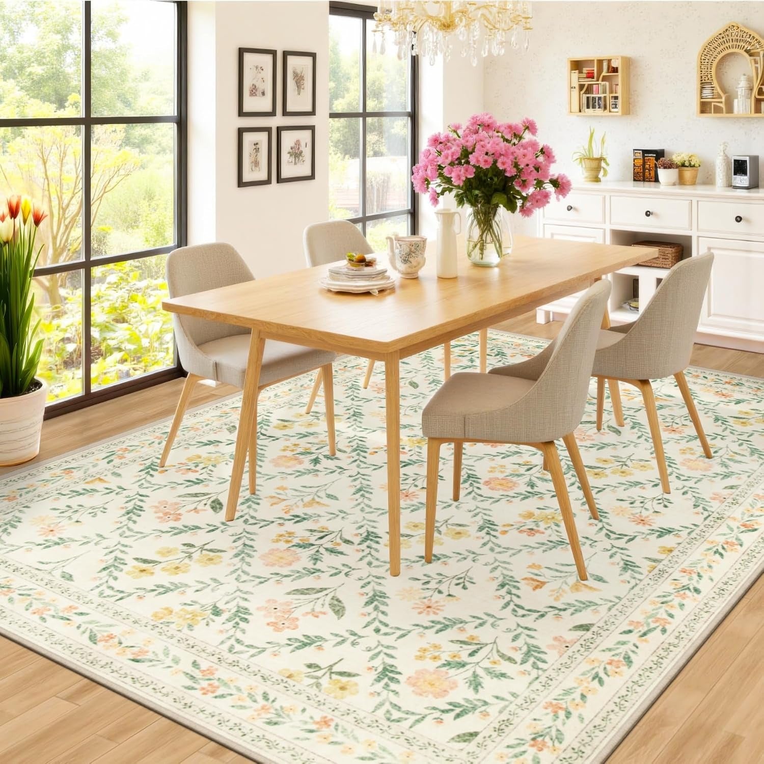 Beige Floral Area Rug