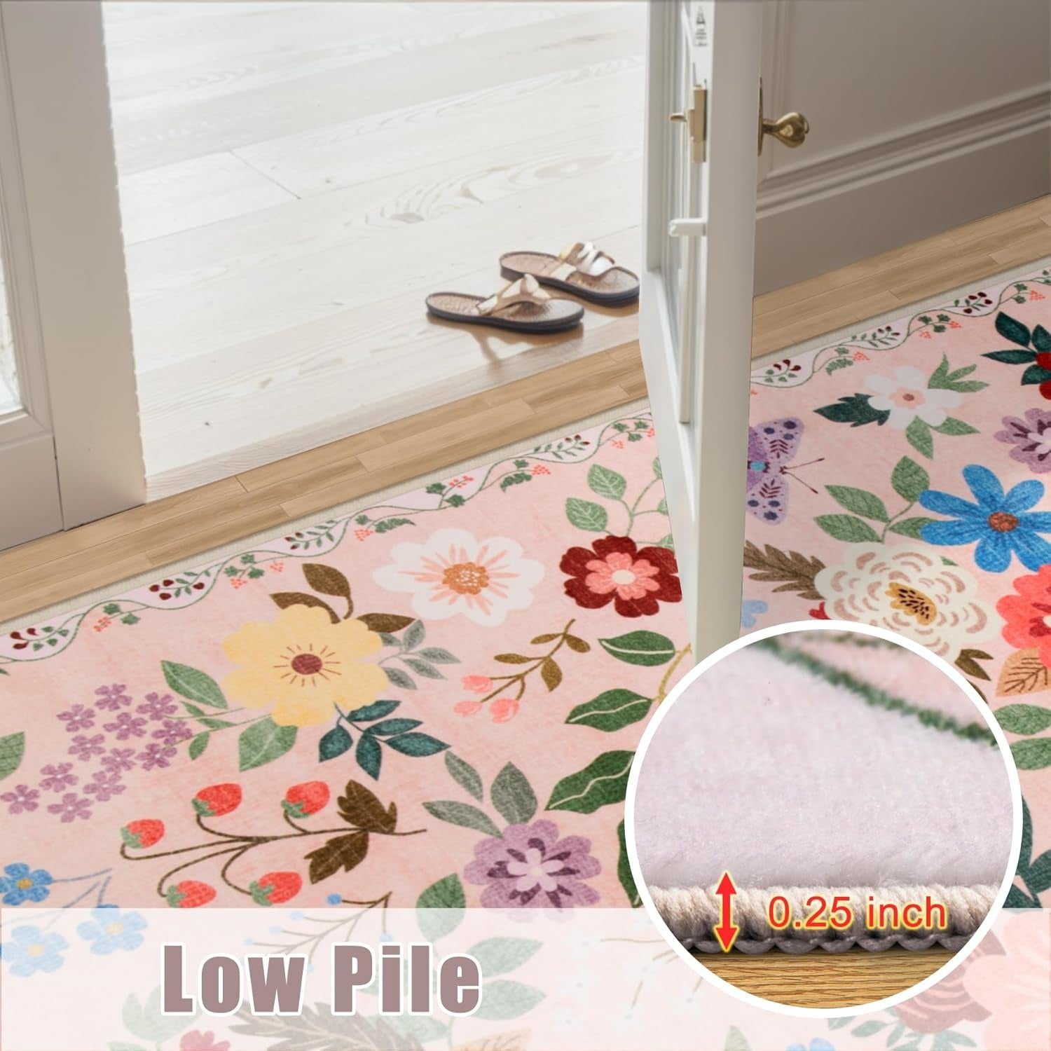 Dark Beige Floral Area Rug – Washable, Low-Pile & Non-Slip